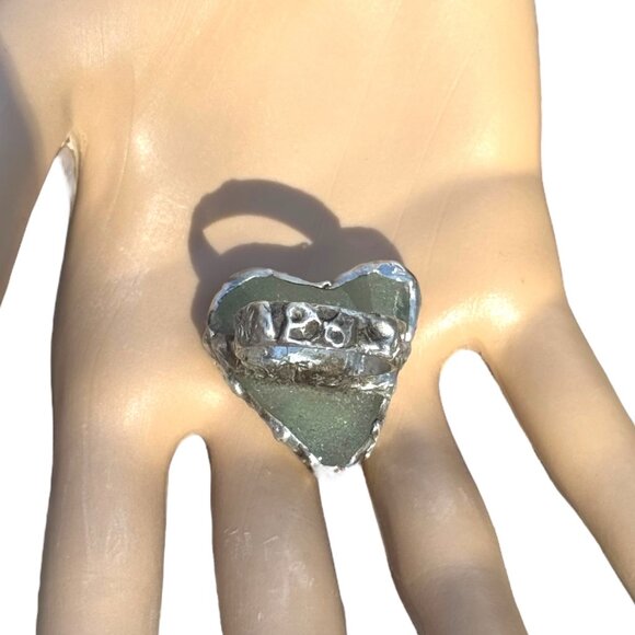 Heart of the Sea Heart Shaped Sea Glass Silver Blend Artisan Ring Size 8 - Picture 5 of 15